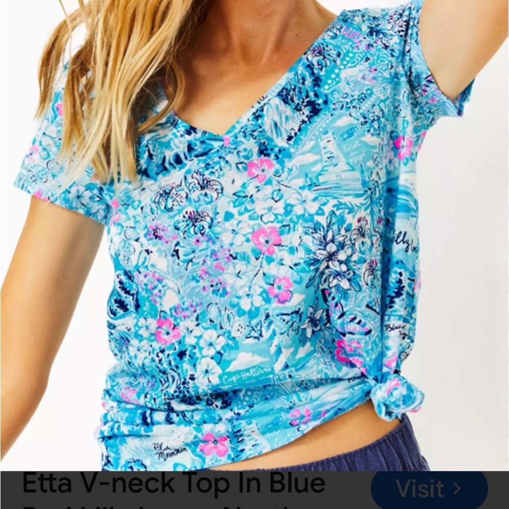 Lilly Pulitzer Etta V-Neck Top in Blue and Pink Floral Small NWT